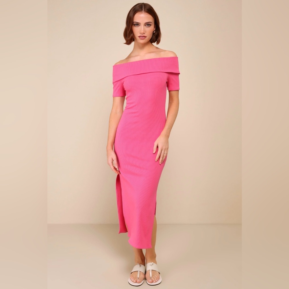 Lulu's Vibrant Pink Off-Shoulder Midi Dress